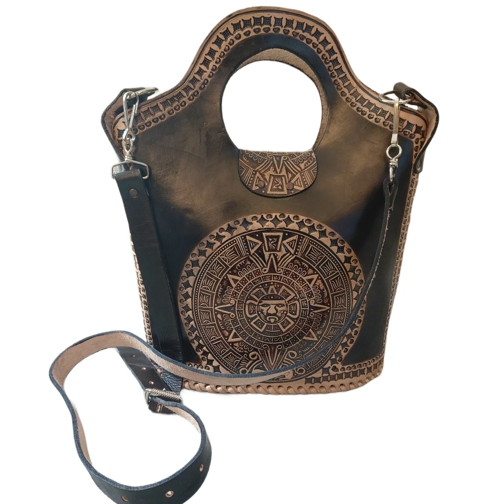 Hand Tooled Aztec Calendar Black and Tan Crossbody Hand Bag - Picture 3 of 8